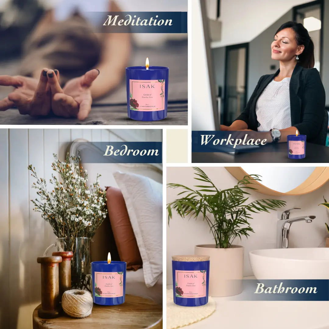 Blue jar scented candle shown in lifestyle settings with burning wick