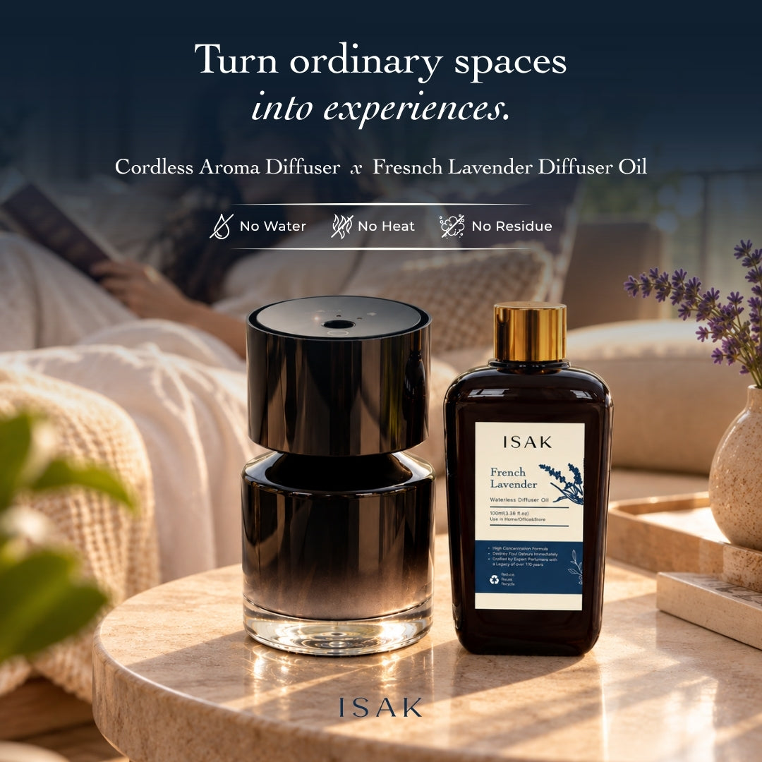 Cordless aroma diffuser with French lavender fragrance oil bottle, black finish