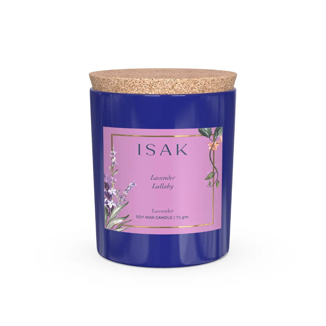 Lavender soy wax candle in blue glass jar, cork lid, floral ISAK label.