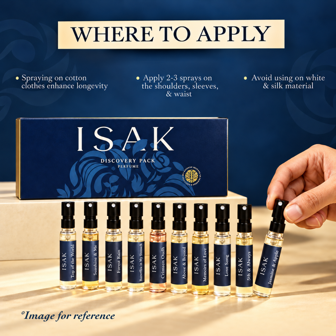 Perfume discovery box with multiple mini spray bottles and a hand selecting one