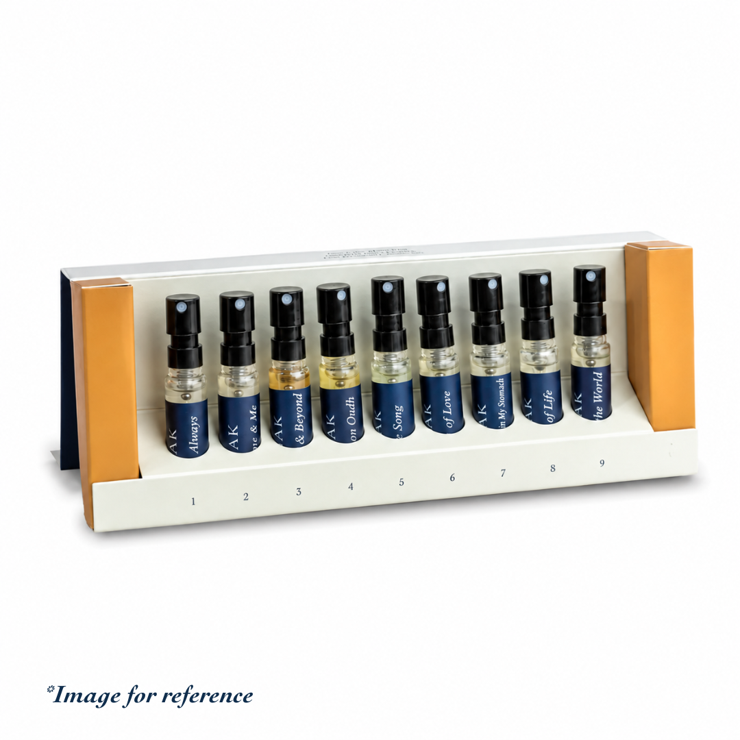 Perfume discovery pack with assorted mini spray bottles in a presentation tray