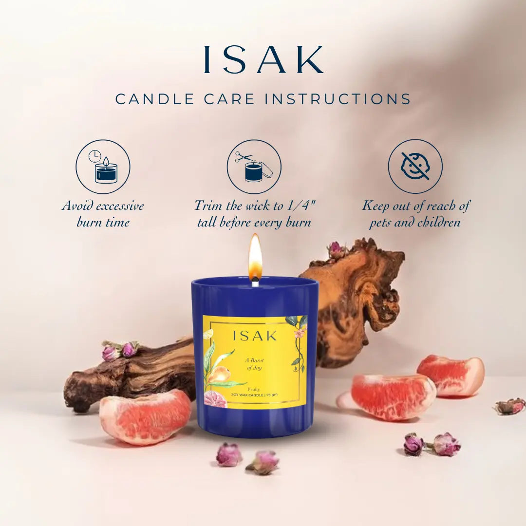 Burst of Joy scented candle in blue glass jar, lit wick, 75gm