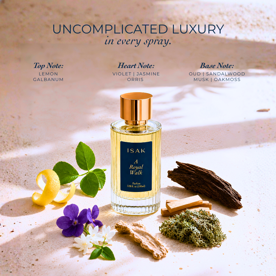 Gold-capped perfume bottle with fresh opening and notes of Oudh, Sandalwood, Oakmoss