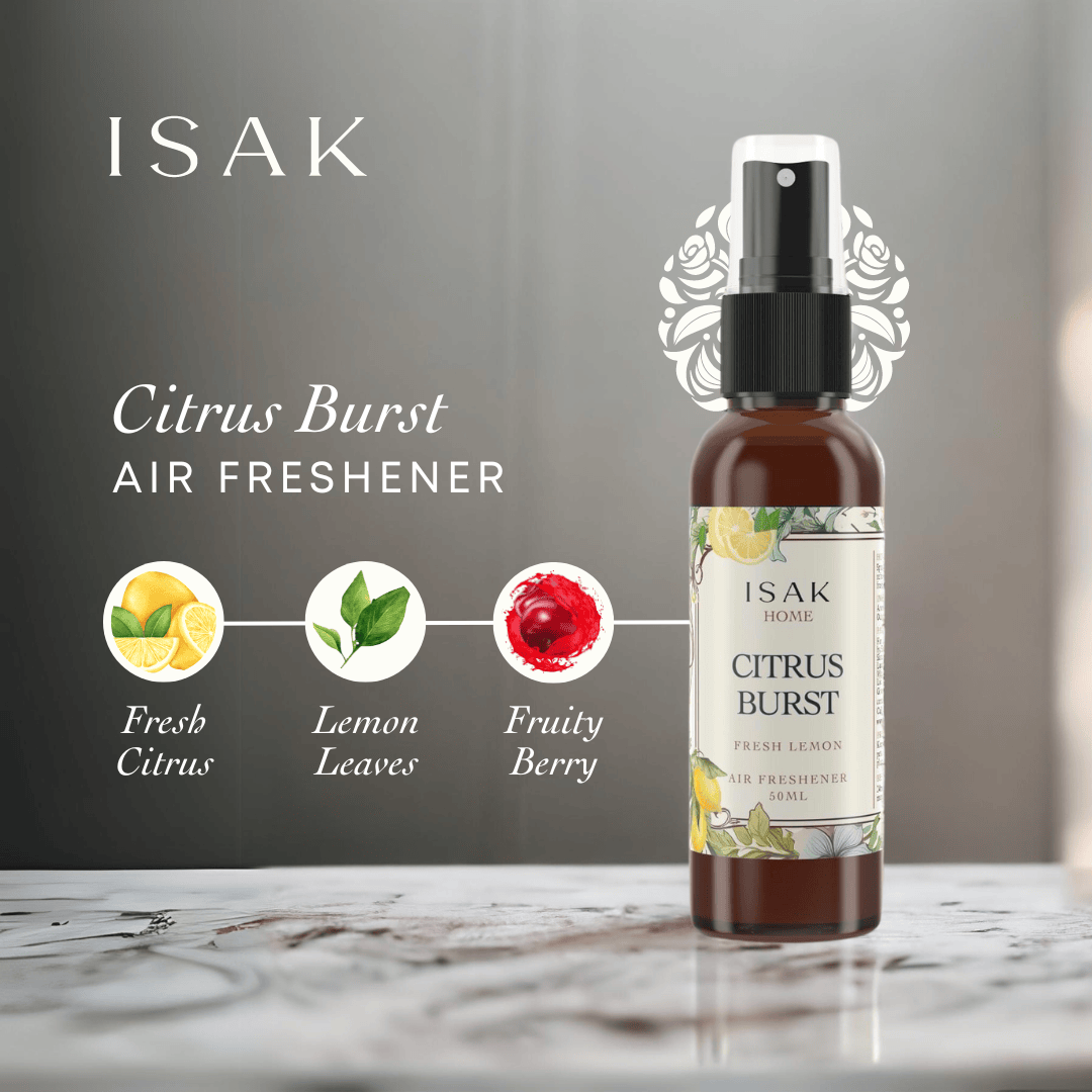 Citrus Burst air freshener spray bottle with black nozzle and citrus-themed label