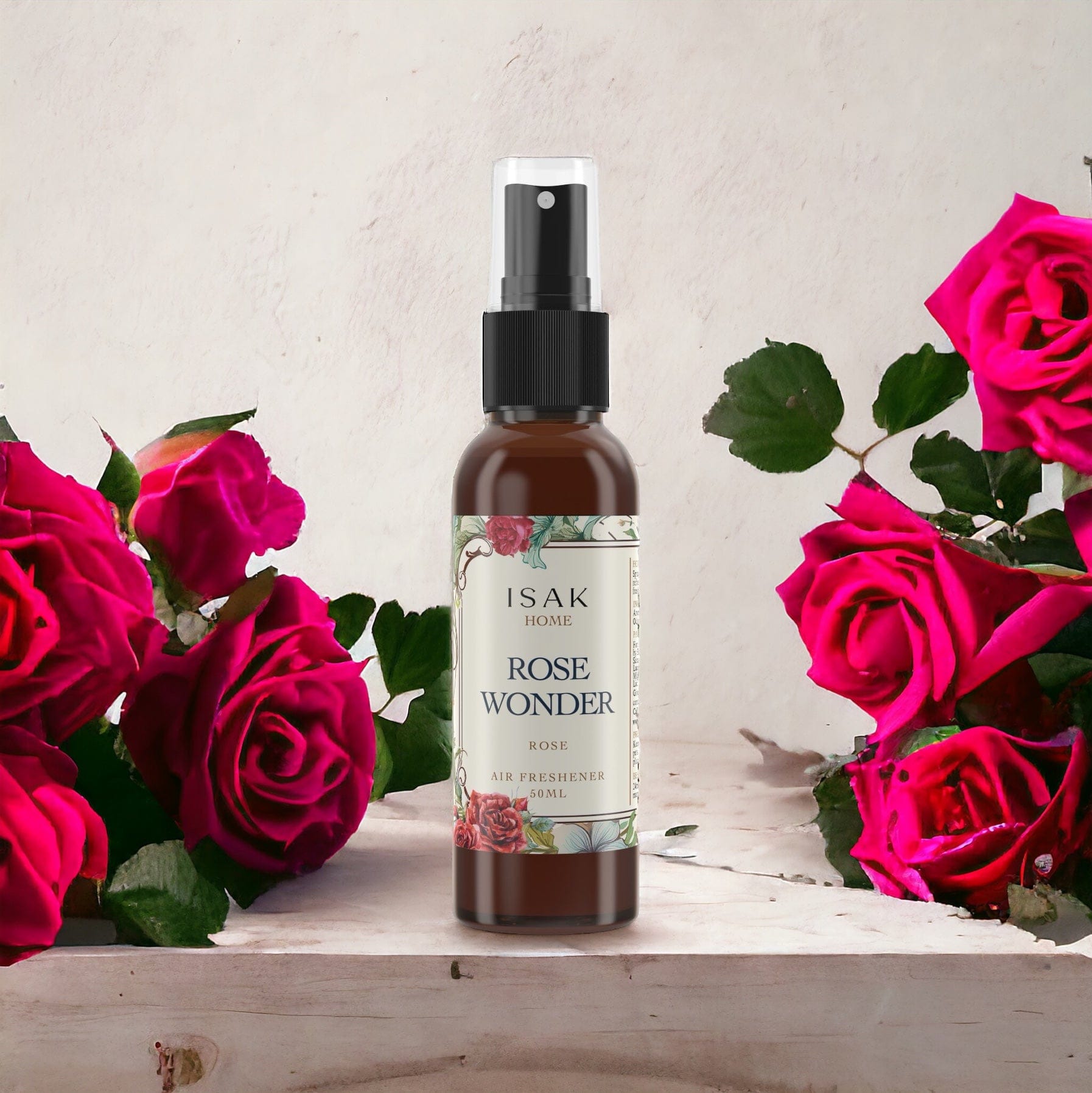 Rose Wonder air freshener spray bottle with black nozzle, 50 ml