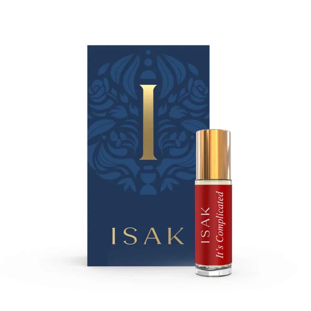 Attar Minis 3 ml: roter Rollerflakon mit goldener Kappe, neben Box