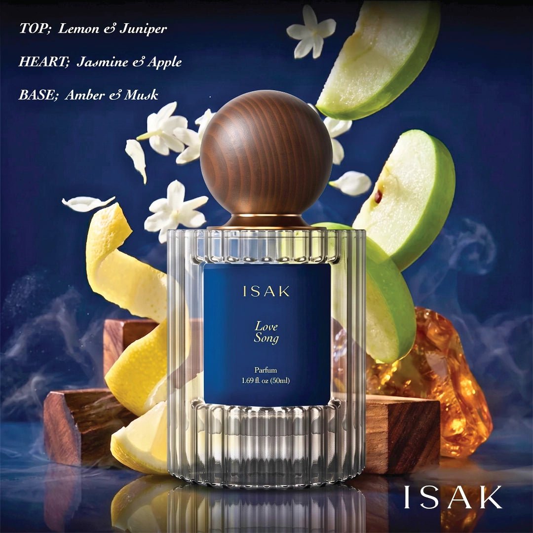 ISAK fragrance bottle with dark wooden cap and round knob, silver ribbed glass base.
