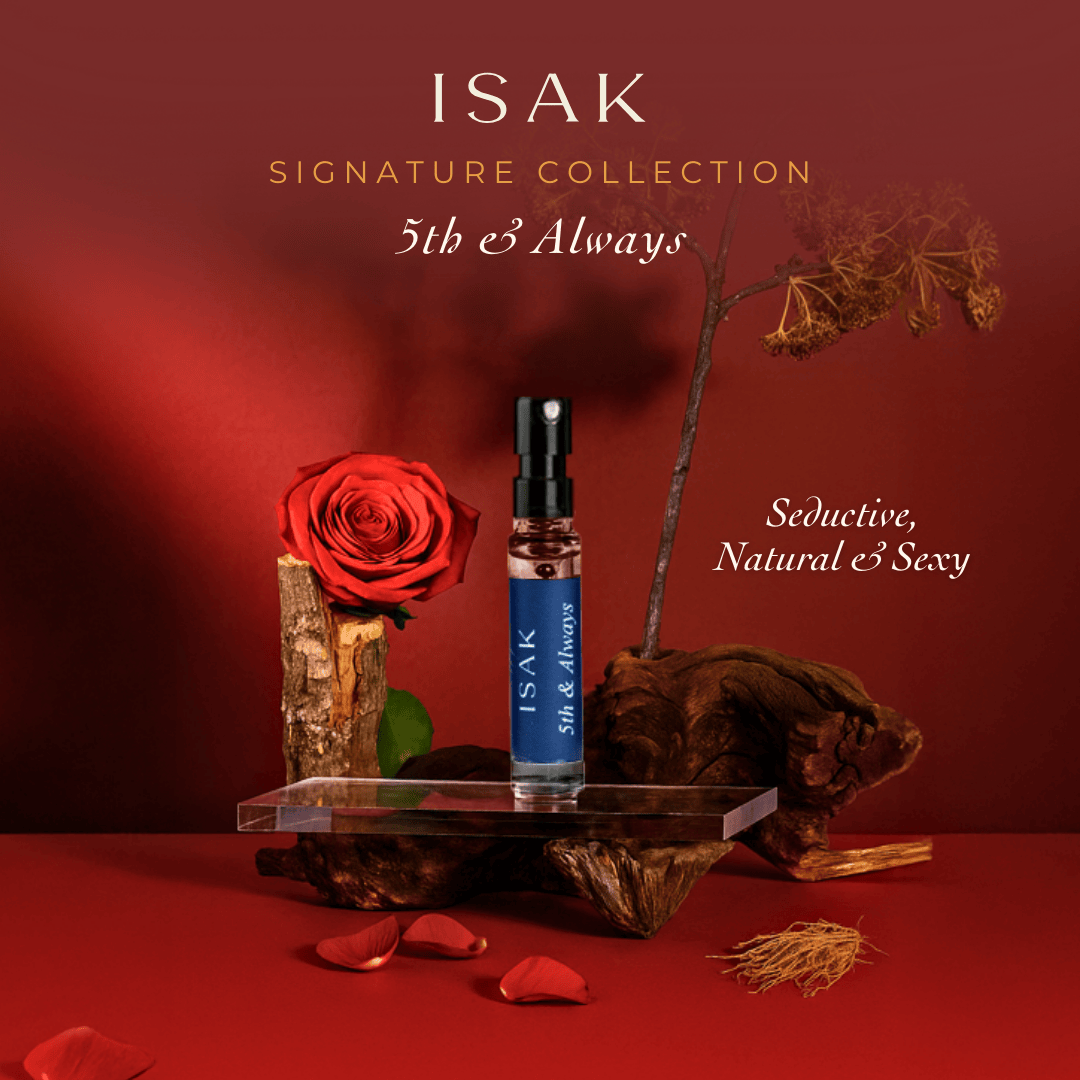 ISAK 5th & Always perfume sample spray bottle on clear stand