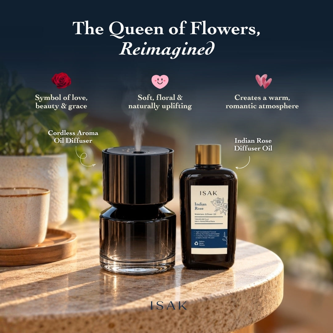 Black cordless aroma diffuser with Indian Rose fragrance oil bottle, gold cap, 100ml
