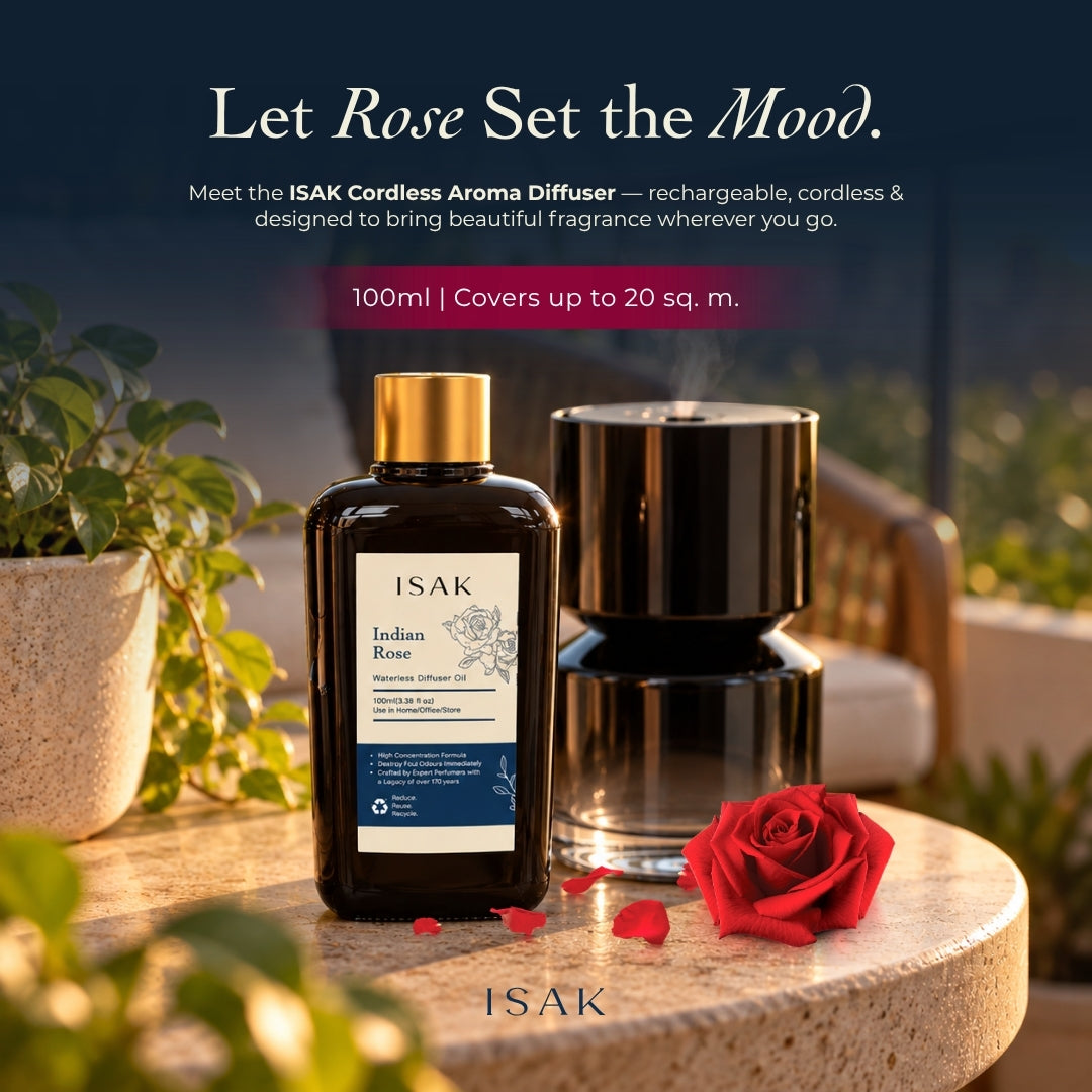Cordless aroma diffuser and Indian Rose fragrance oil, gold-capped diffuser and bottle, 100ml