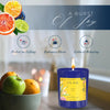 Burst of Joy scented candle, blue jar with label, lit wick, 75gm