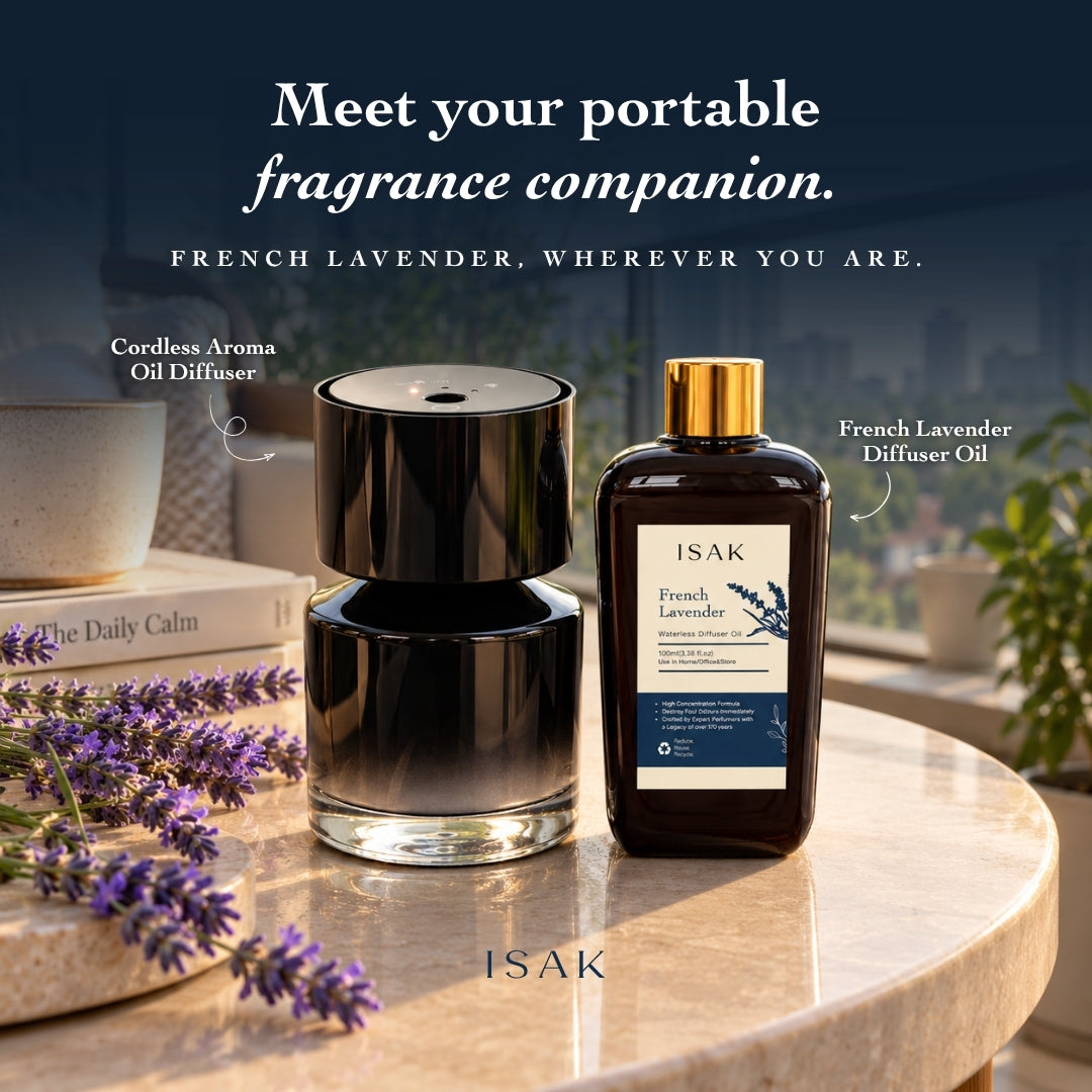Cordless aroma diffuser with French lavender oil bottle, portable diffuser set