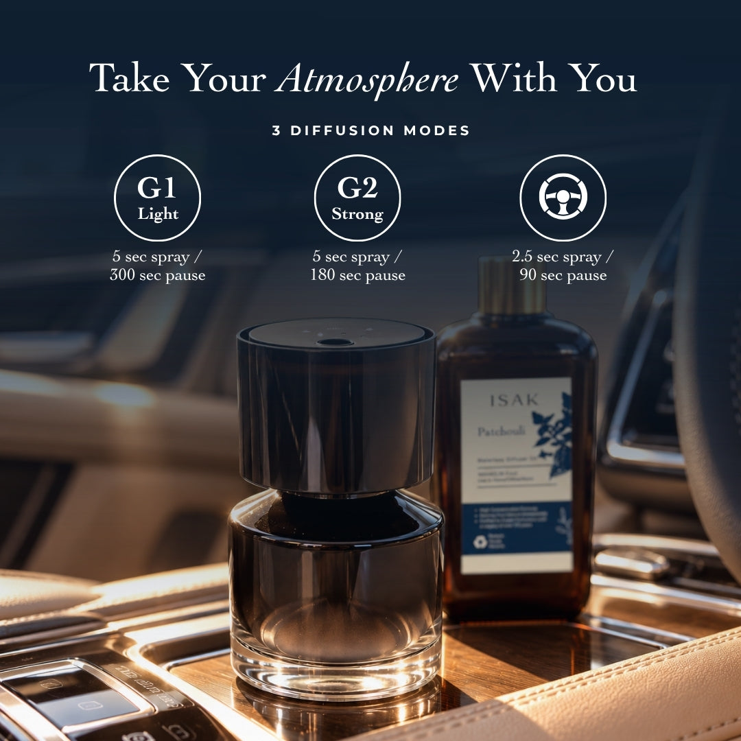Cordless aroma diffuser with dark glossy top, plus patchouli fragrance oil bottle
