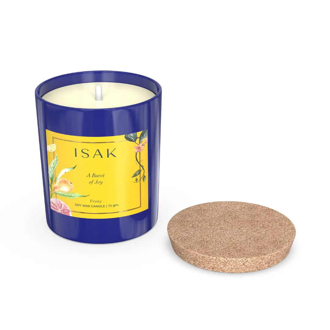 Burst of Joy soy wax candle, blue jar, unlit with cork lid, 75gm