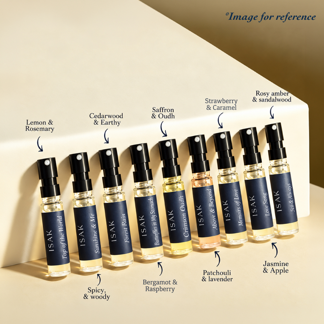 Perfume discovery pack with assorted mini spray bottles on a labeled display card