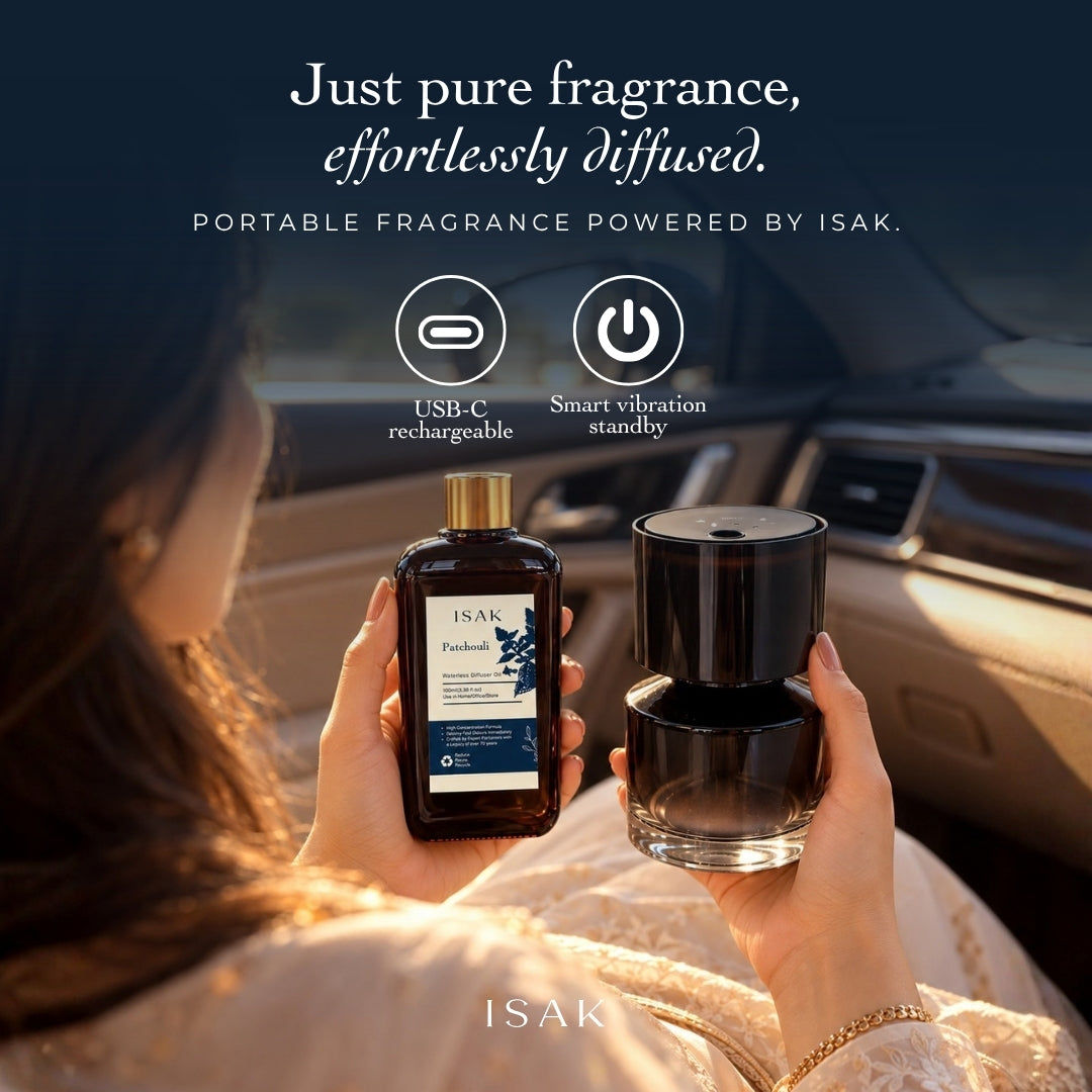 Portable fragrance diffuser with dark top, held with patchouli oil bottle by hands
