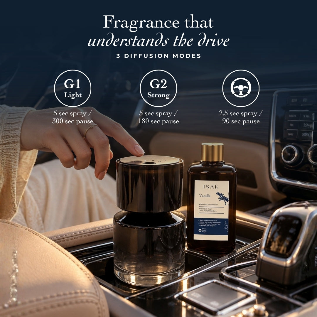 Cordless aroma diffuser with vanilla fragrance oil, black and clear glass; user hand pressing top
