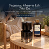 Cordless aroma diffuser and vanilla fragrance oil bottle on tabletop, black lid and clear container