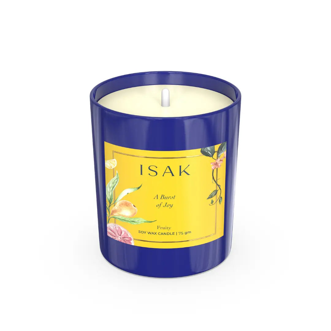 Burst of Joy scented candle, blue jar with front label, unlit, 75gm