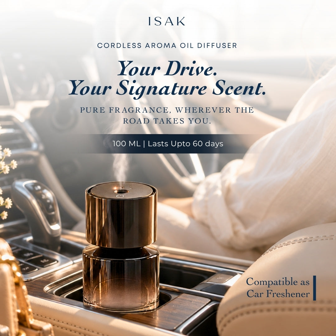 Isak cordless aroma oil diffuser for car, glossy black cylinder with scent mist