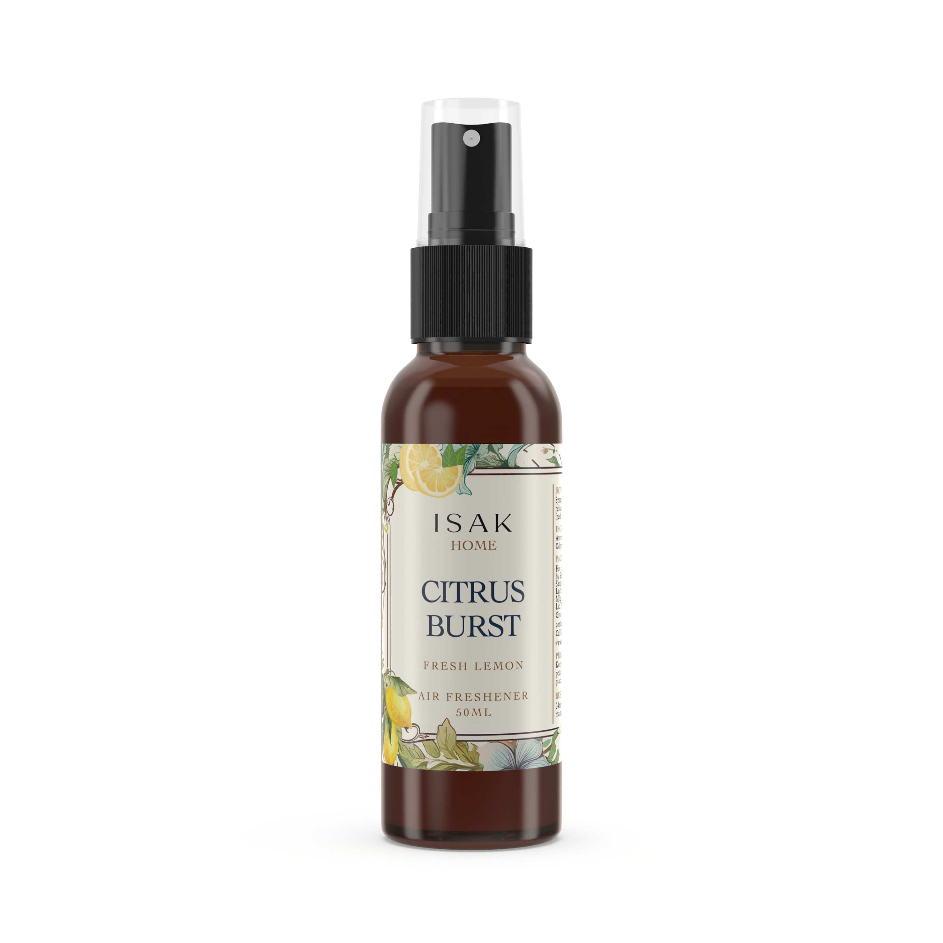 Isak Citrus Burst air freshener spray bottle, black nozzle, amber liquid (50ml)