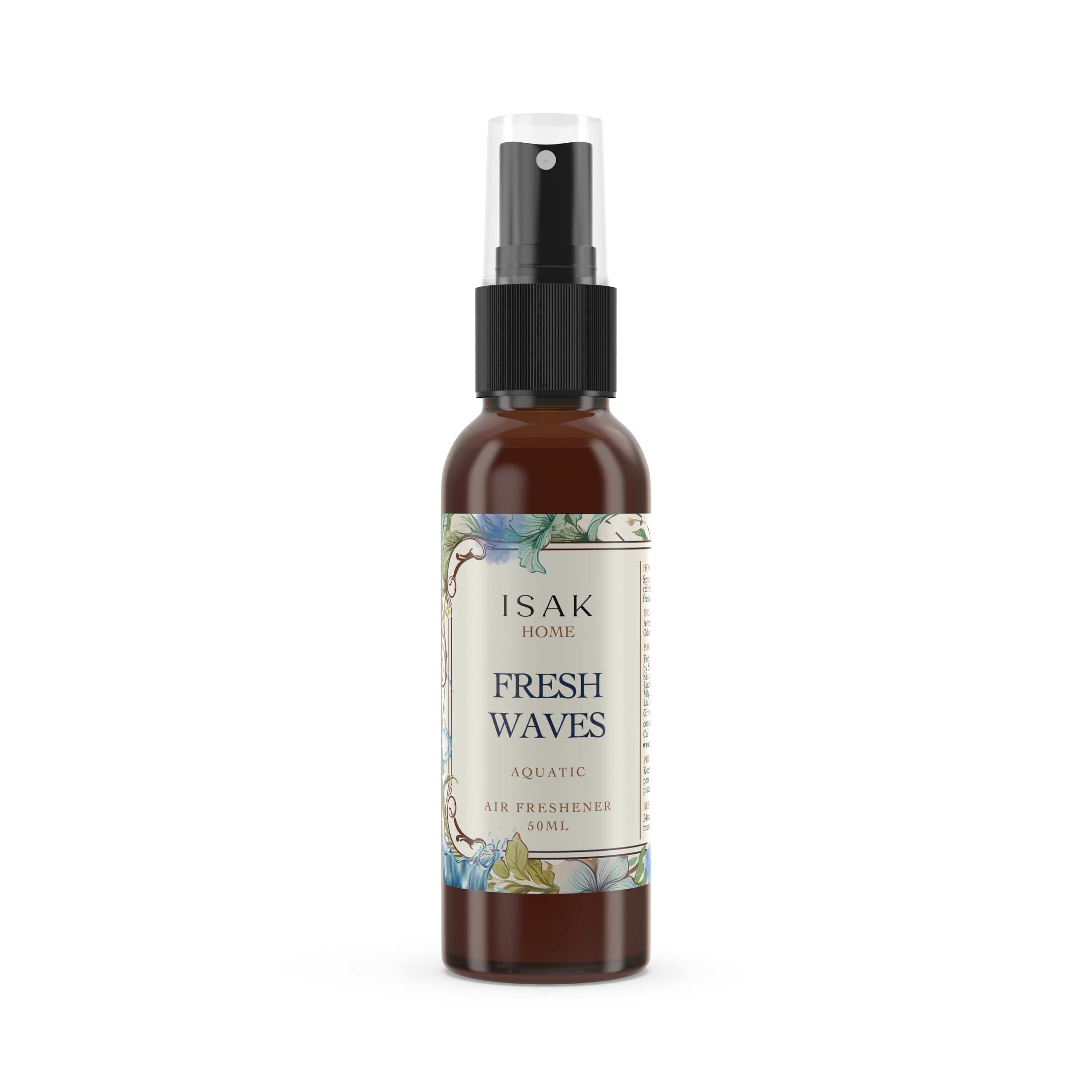 Fresh Waves air freshener bottle with black pump sprayer, aquatic label
