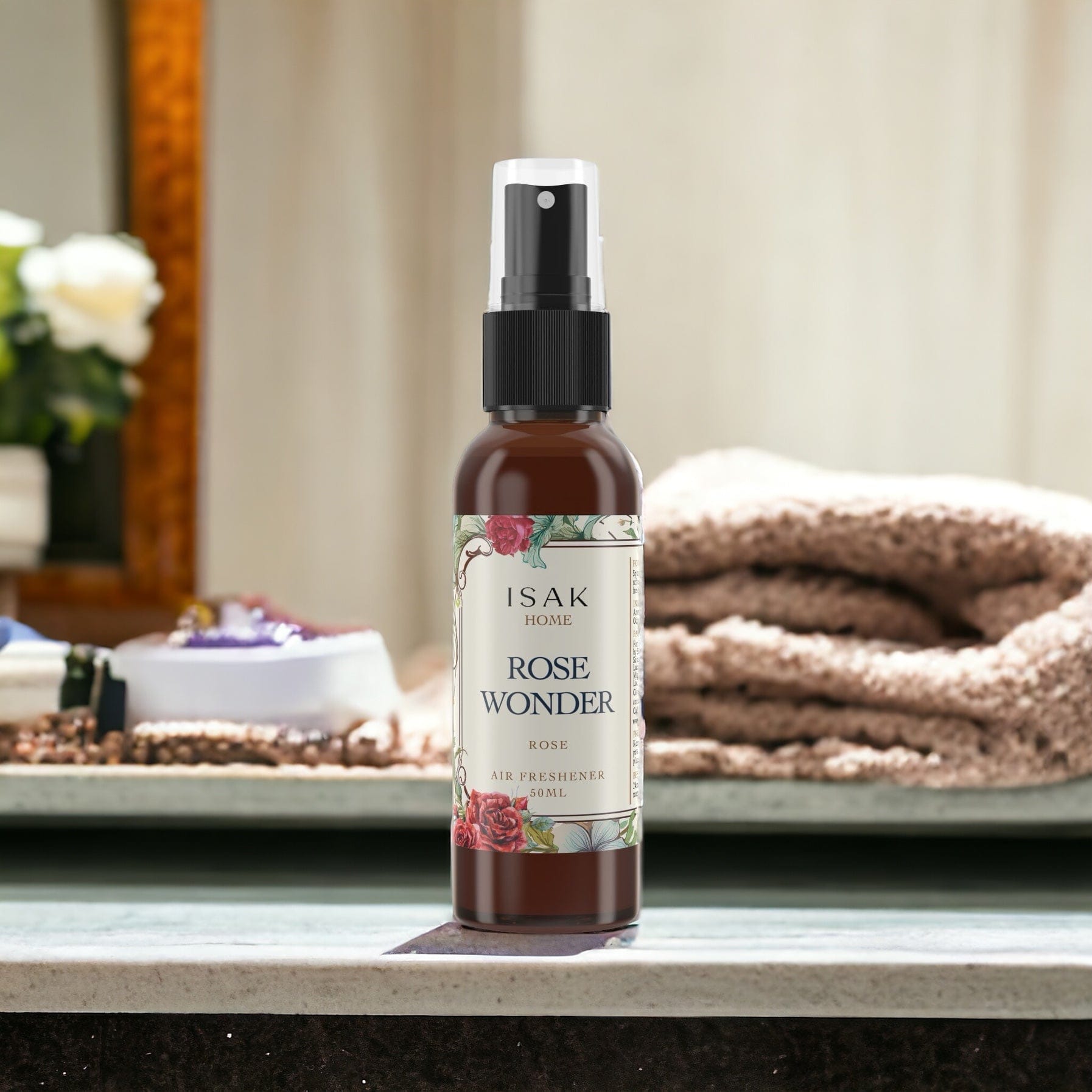 Rose Wonder air freshener bottle with black sprayer, 50 ml