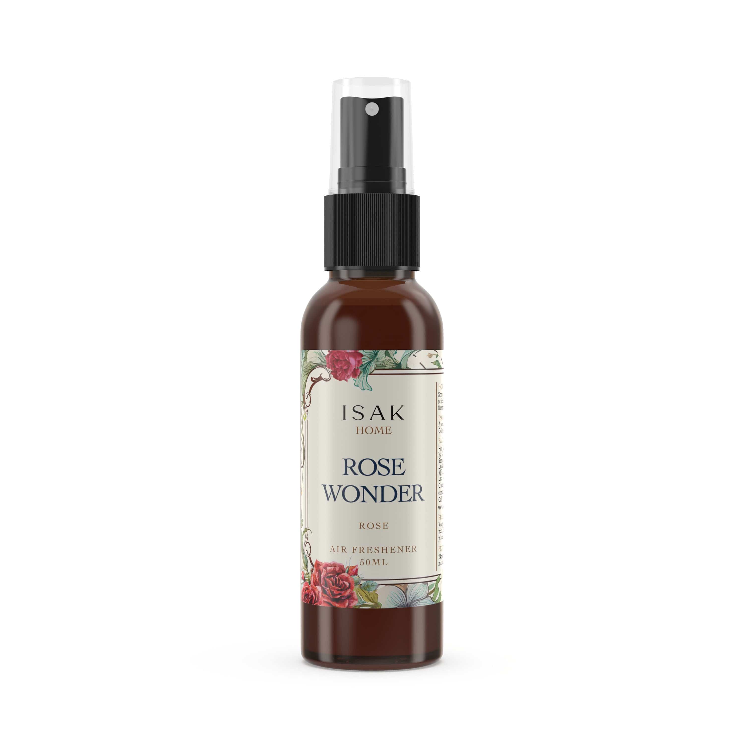 Rose Wonder air freshener spray bottle with black pump, 50 ml