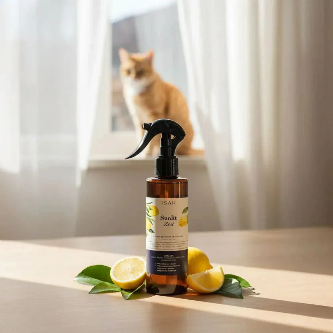 Sunlit Zest pet home fragrance spray bottle, amber 200 ml, with citrus slices