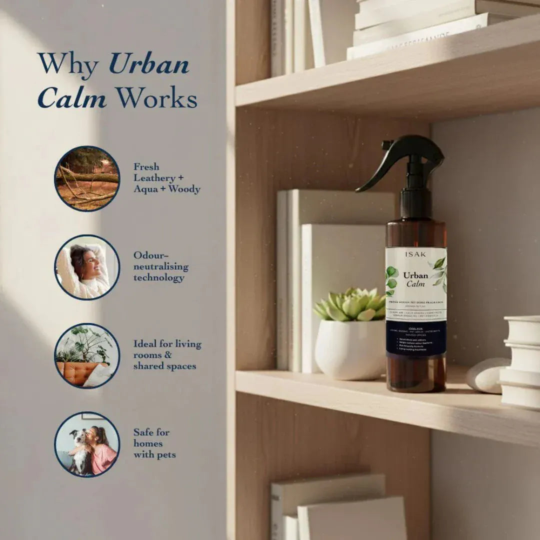 Urban Calm 200ml spray bottle on shelf, dark amber with black trigger sprayer