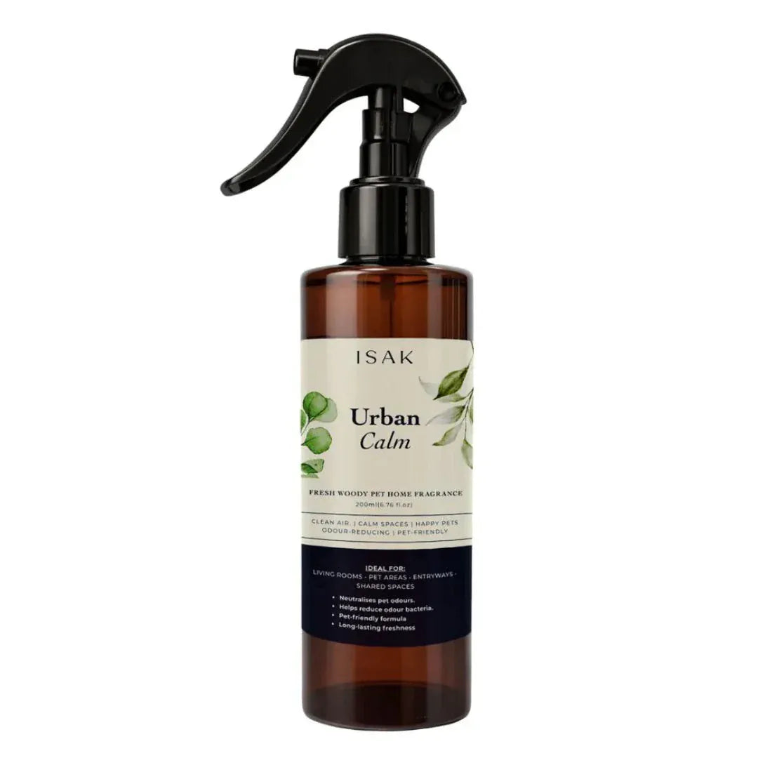 Urban Calm 200ml spray bottle, dark amber with black pump and green leaf label