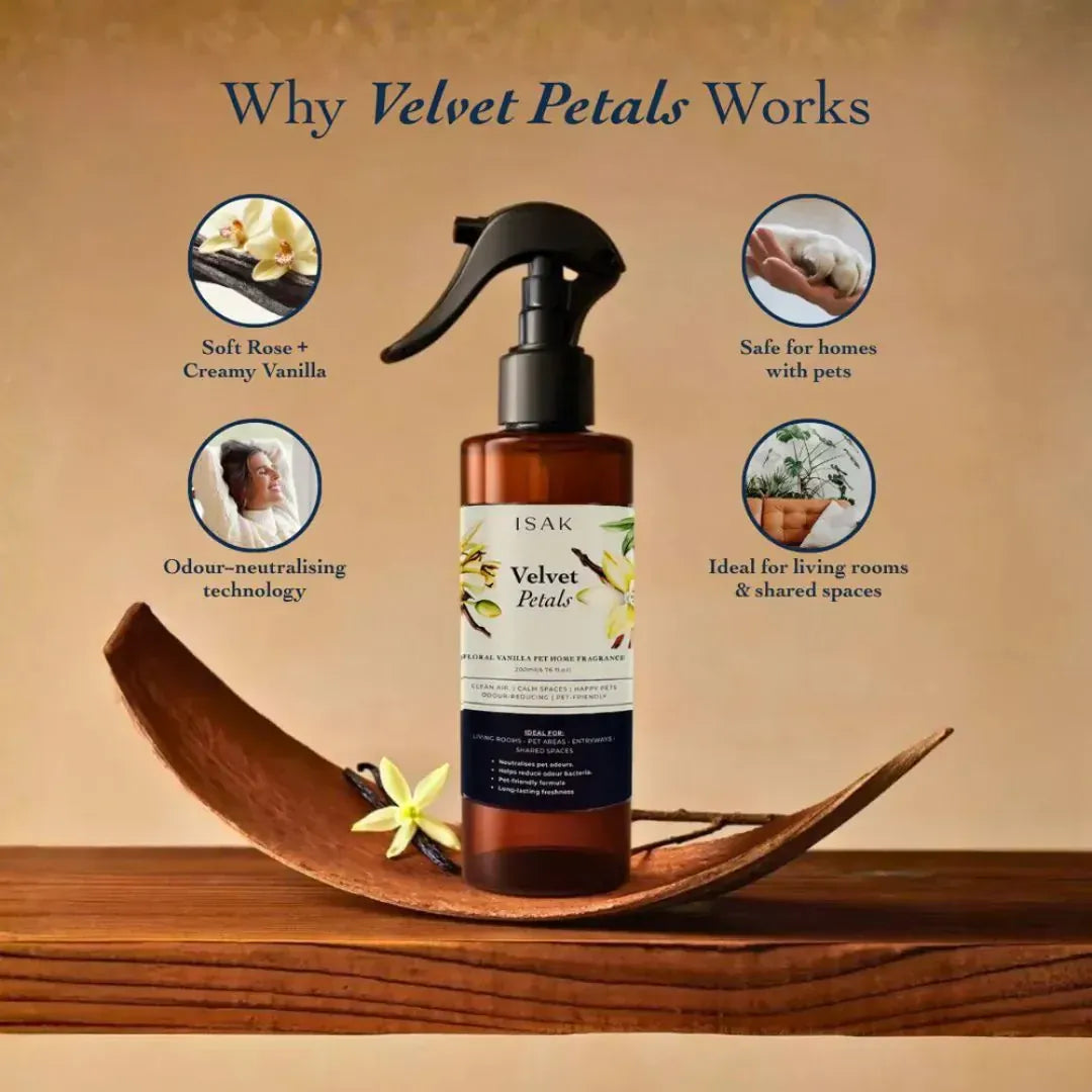 Velvet Petals fragrance spray bottle with black trigger on wooden display