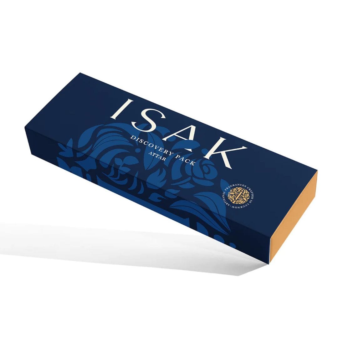 Discovery Pack Attars gift box with ISAK branding and blue floral artwork
