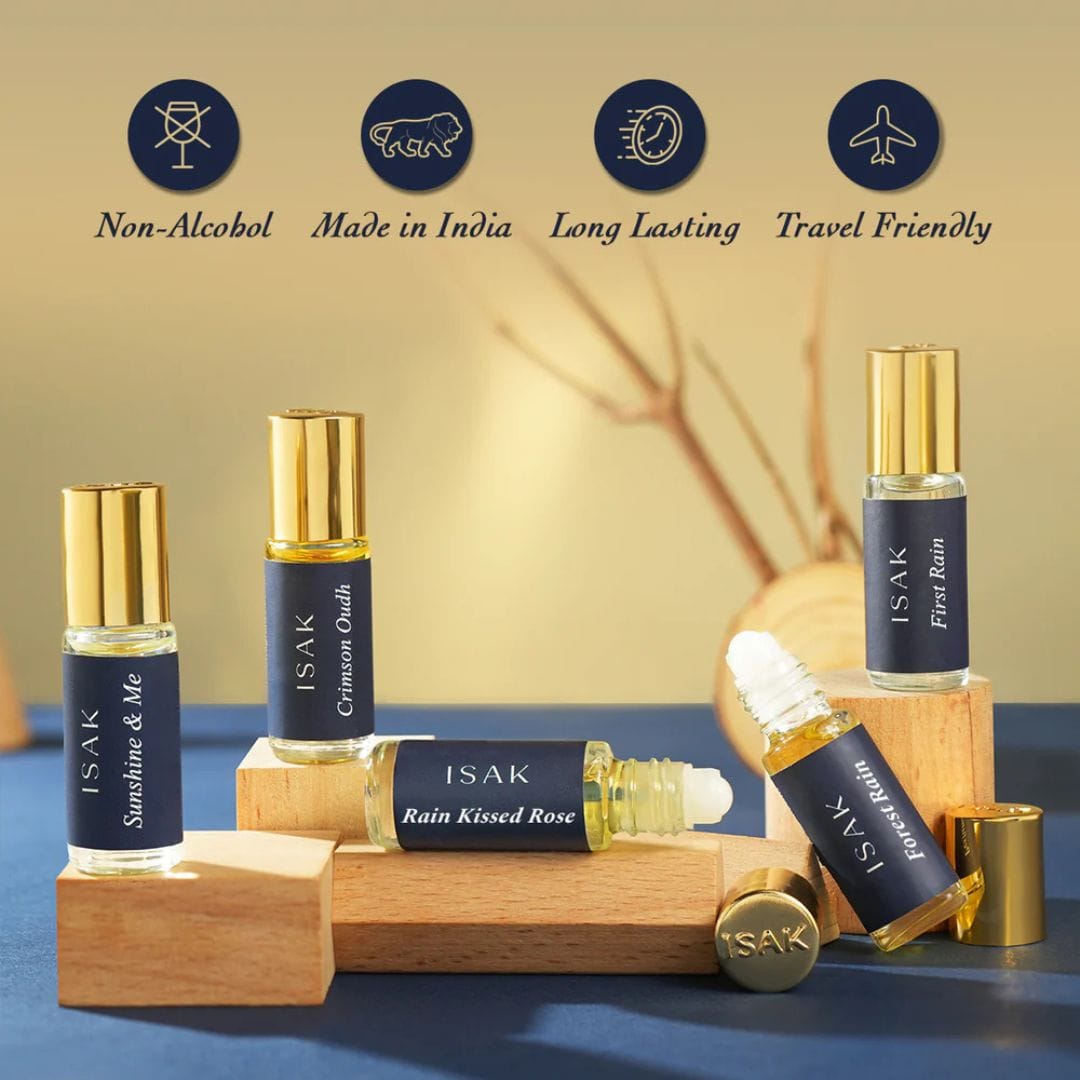 Discovery Pack Attars vials with icons: Non-Alcohol, Made in India, Long lasting, Travel