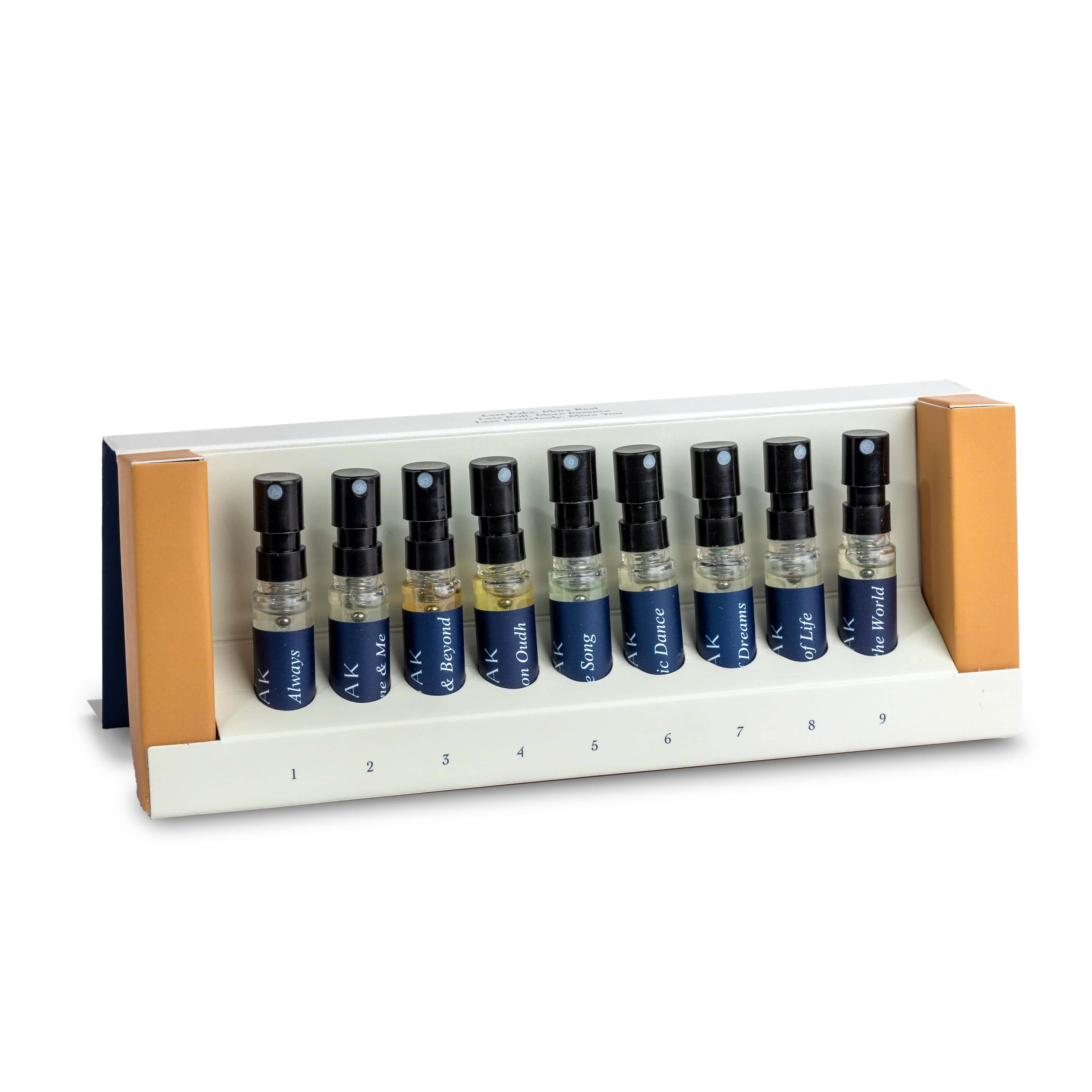 ISAK perfume discovery pack with nine mini spray bottles in a boxed tray