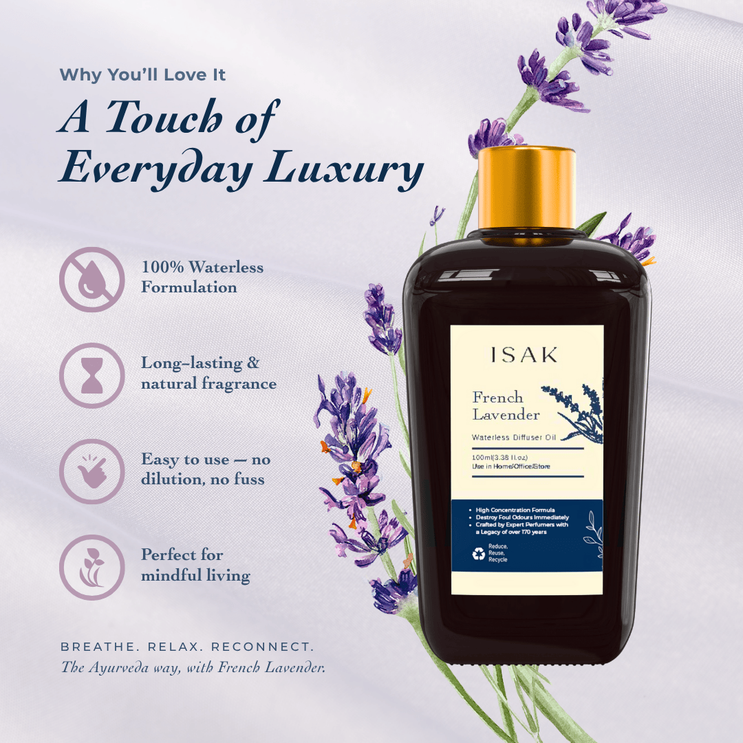 French Lavender waterless diffuser oil 100ml bottle with lavender flowers and benefit icons