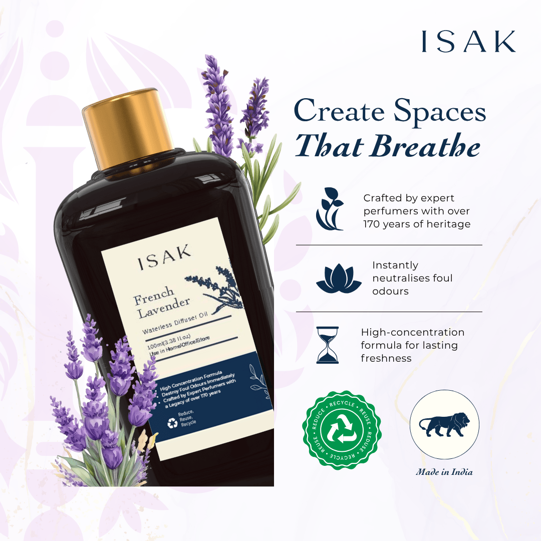 French Lavender waterless diffuser oil 100ml bottle with lavender stems and recycling badge