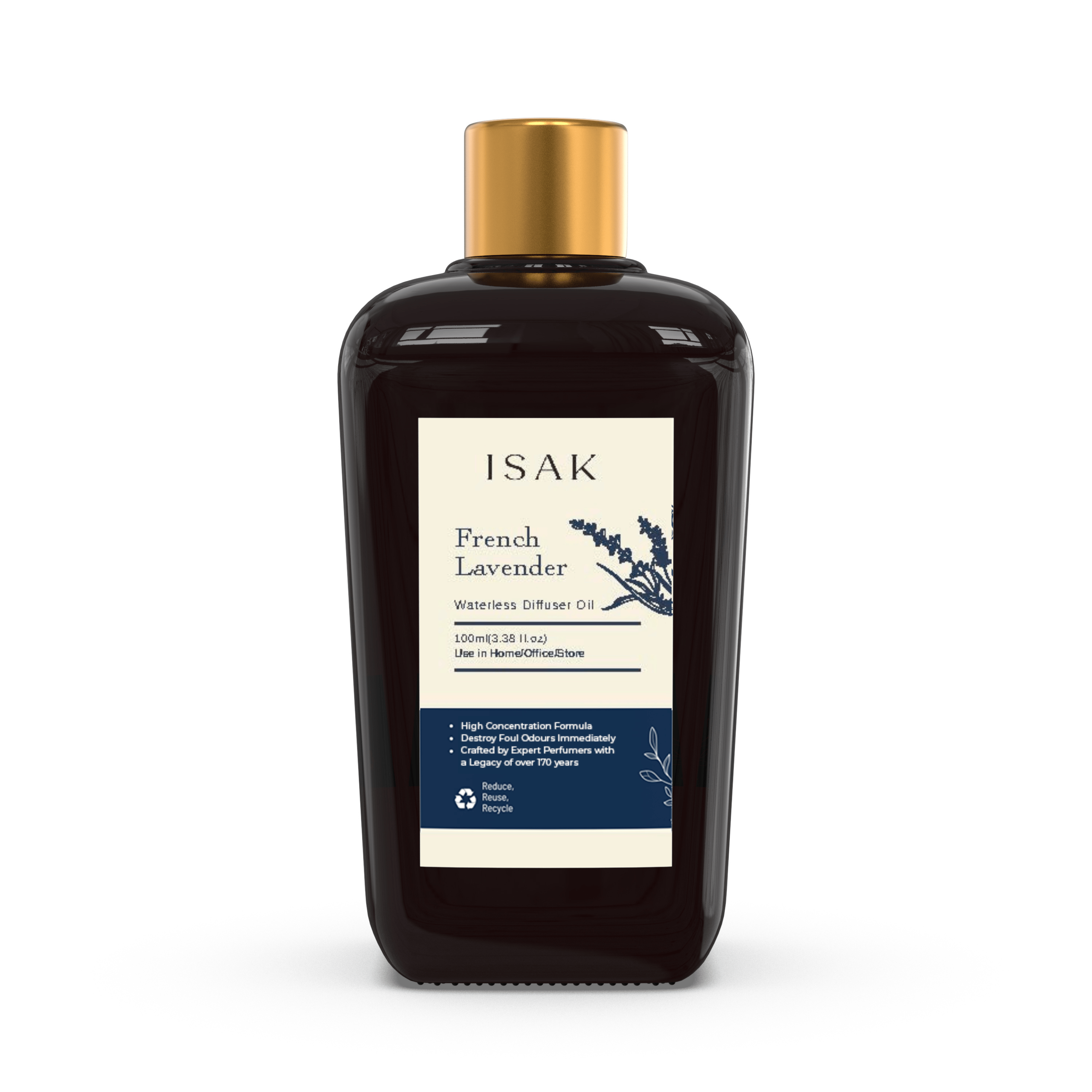 ISAK French Lavender waterless diffuser oil, 100ml dark bottle with gold cap