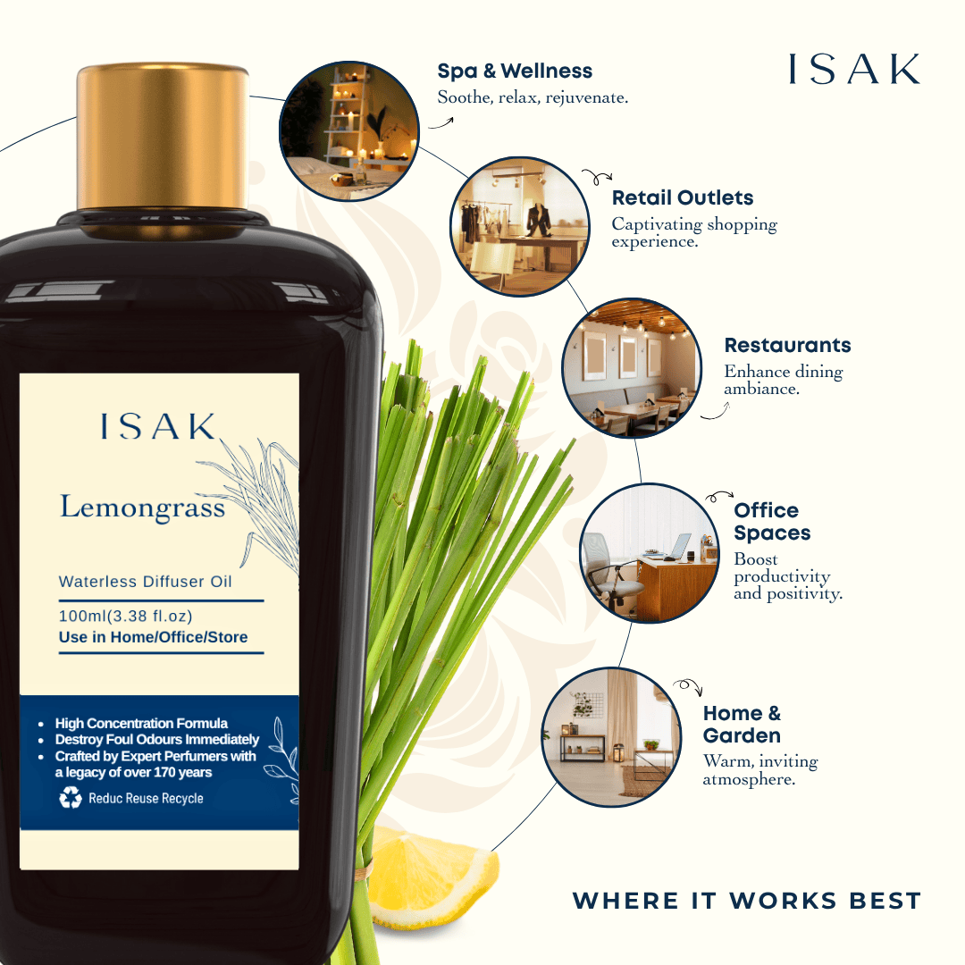 ISAK Lemongrass waterless diffuser oil bottle with gold cap and green stalk accents