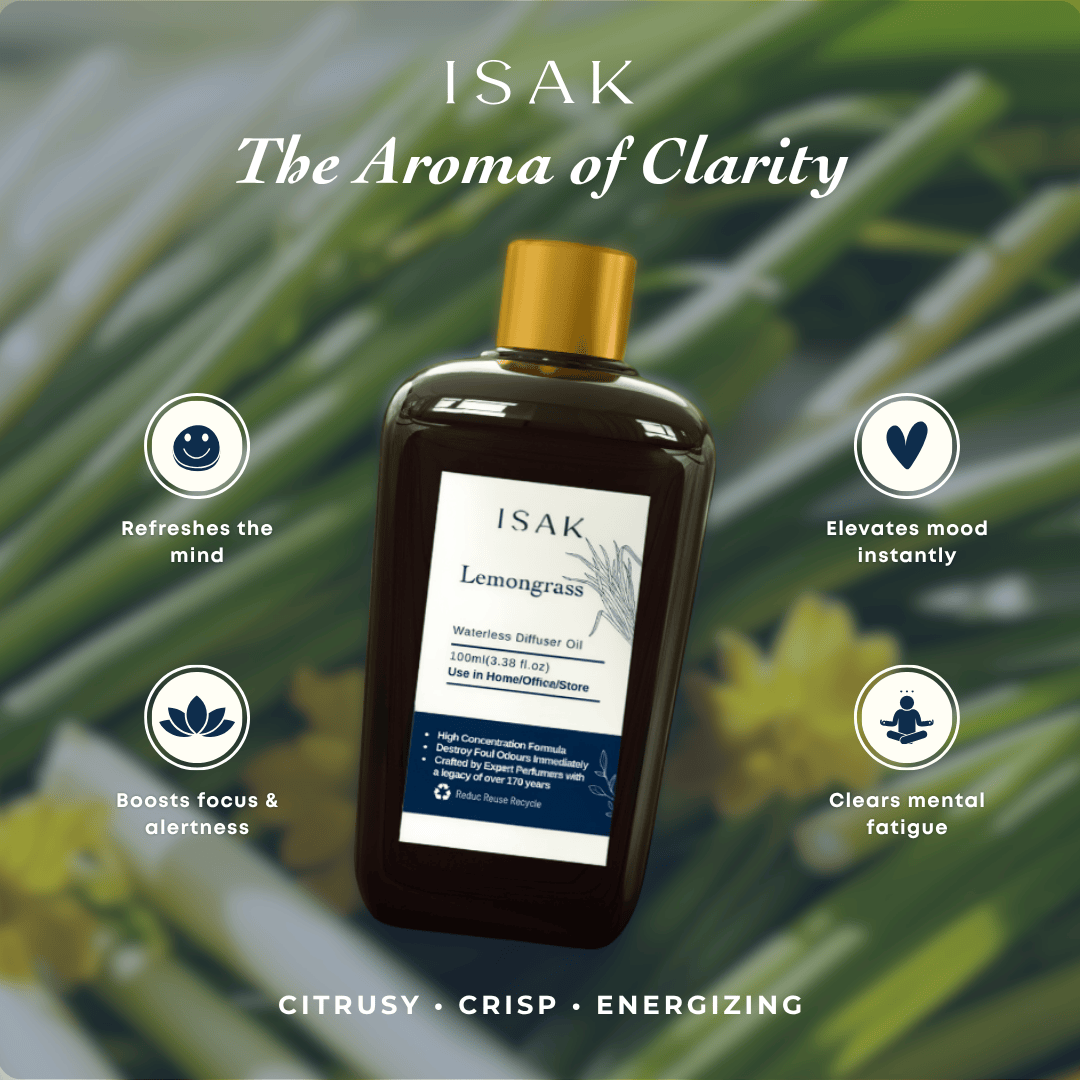 ISAK Lemongrass waterless diffuser oil bottle with gold cap, front label visible