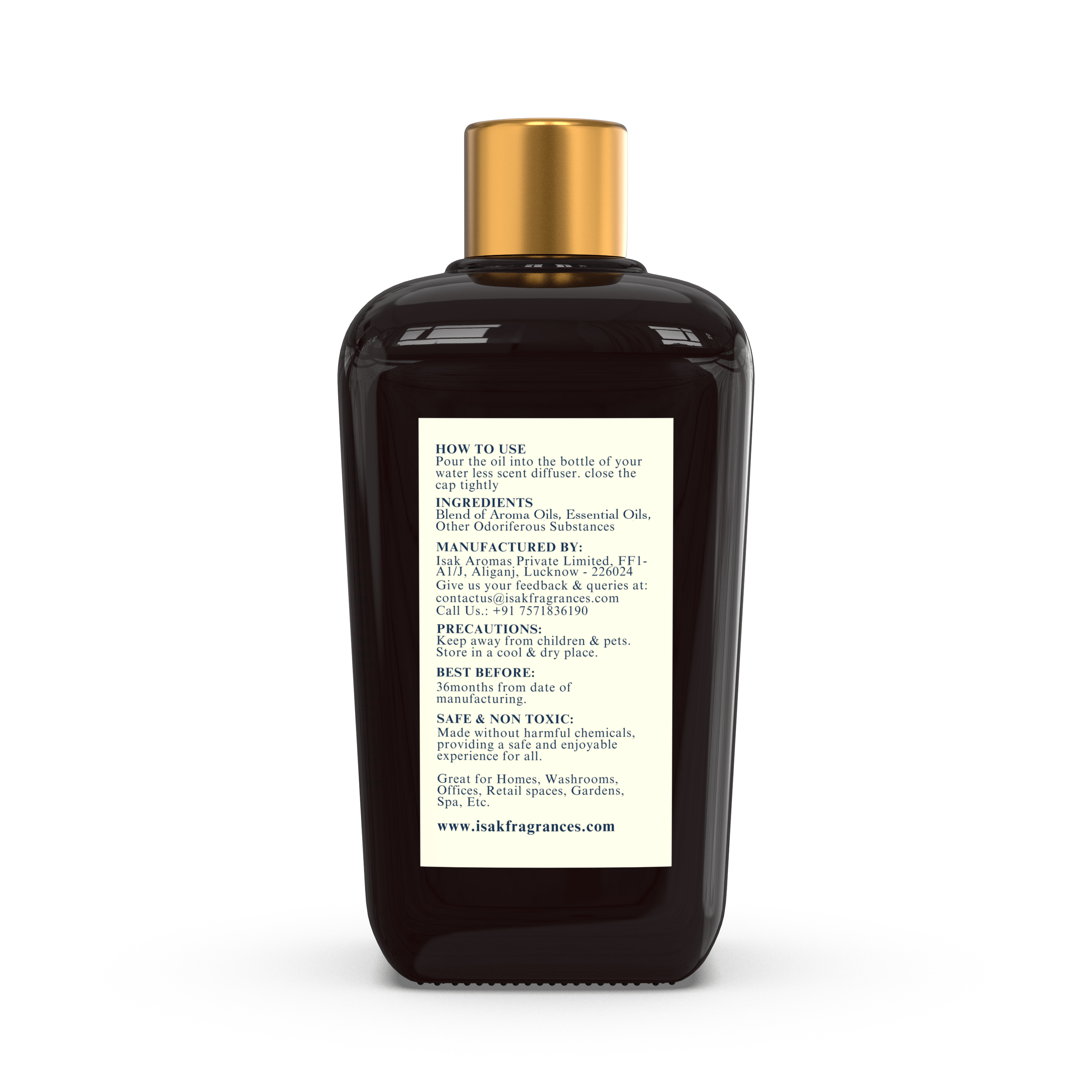 Back view: Lemongrass waterless diffuser oil bottle, gold cap, label panel visible