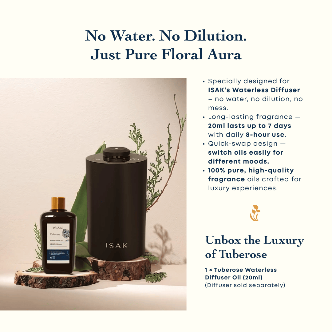 Tuberose waterless diffuser oil set: 100 ml bottle and small bottle with gold caps
