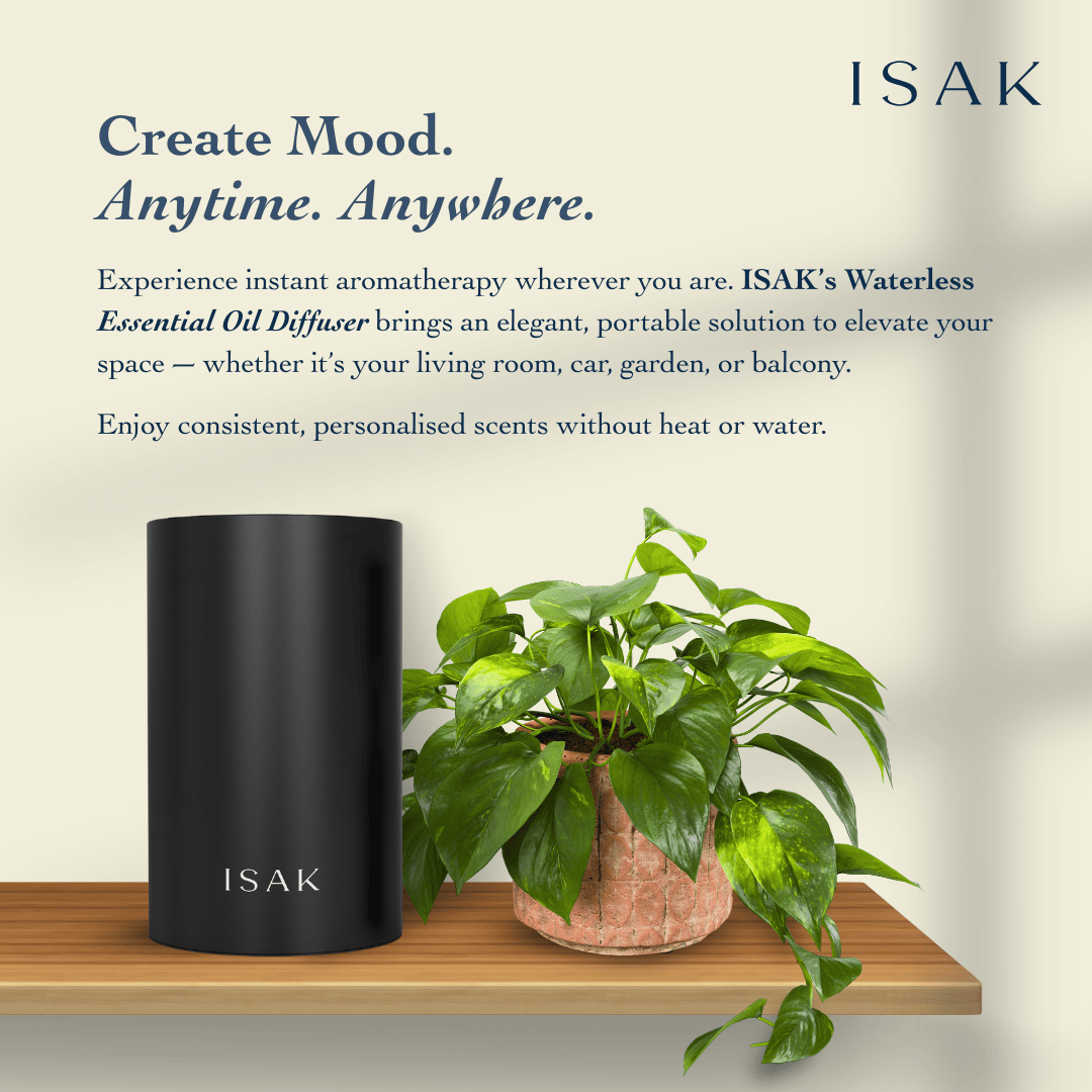 Black waterless diffuser machine, cylindrical top with ISAK logo