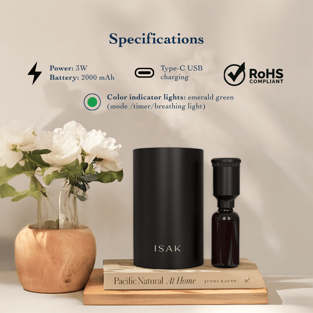 Black waterless diffuser base with French lavender oil bottle and removable top