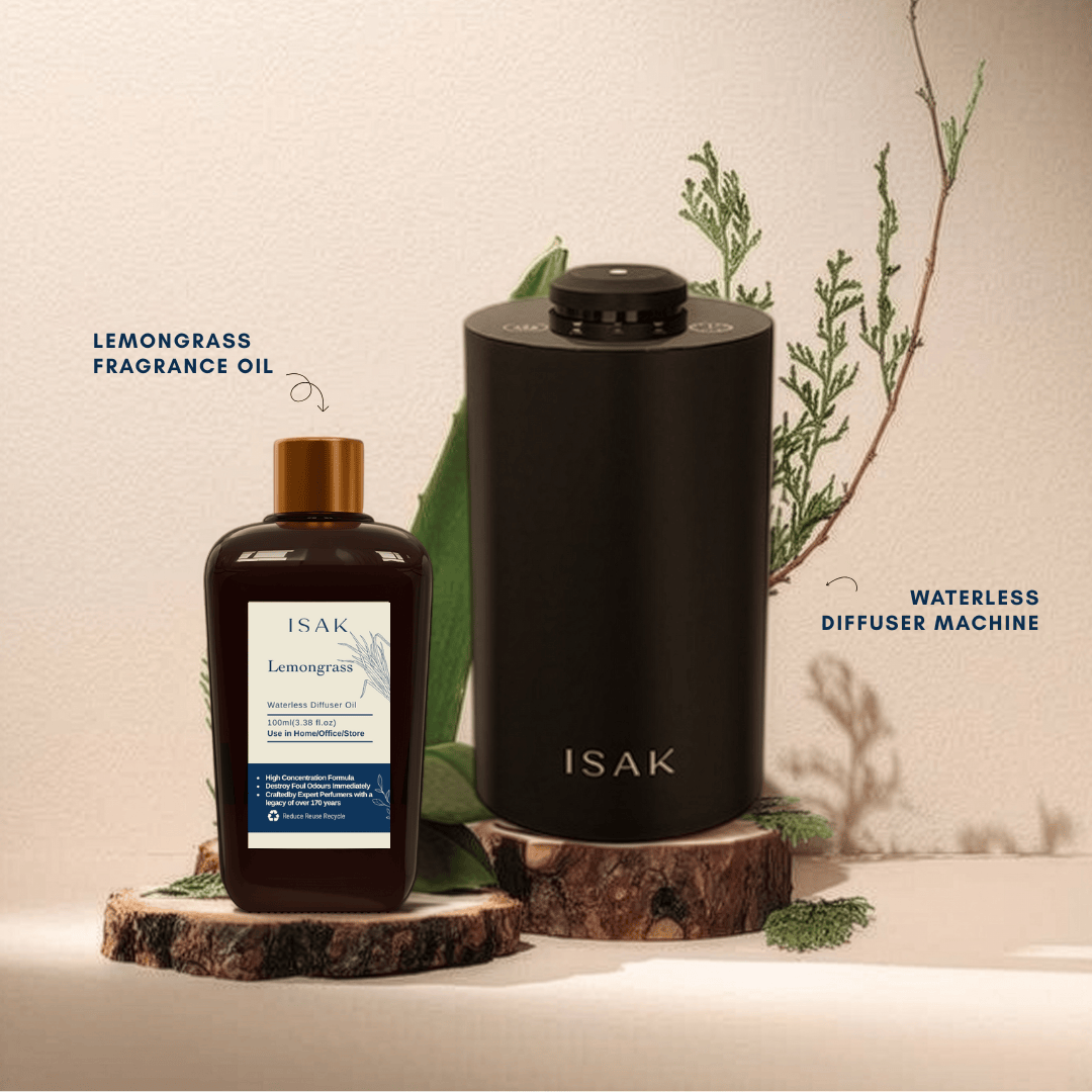 ISAK waterless diffuser machine with amber Lemongrass fragrance oil bottle