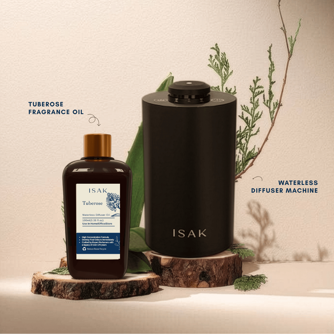 ISAK waterless diffuser machine with dark tuberose fragrance oil bottle, black cylinder