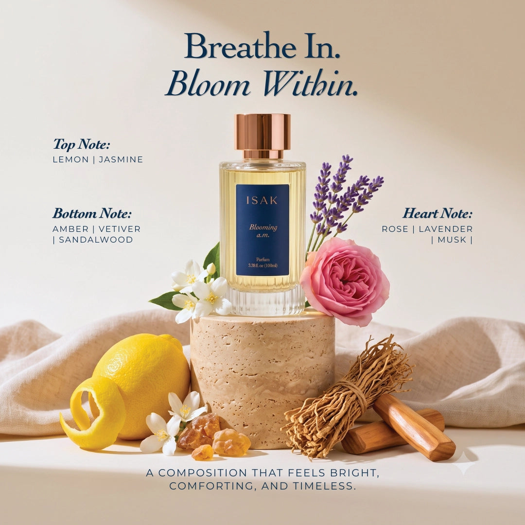 Blooming a.m. perfume bottle with gold-toned cap and blue label on a pedestal.