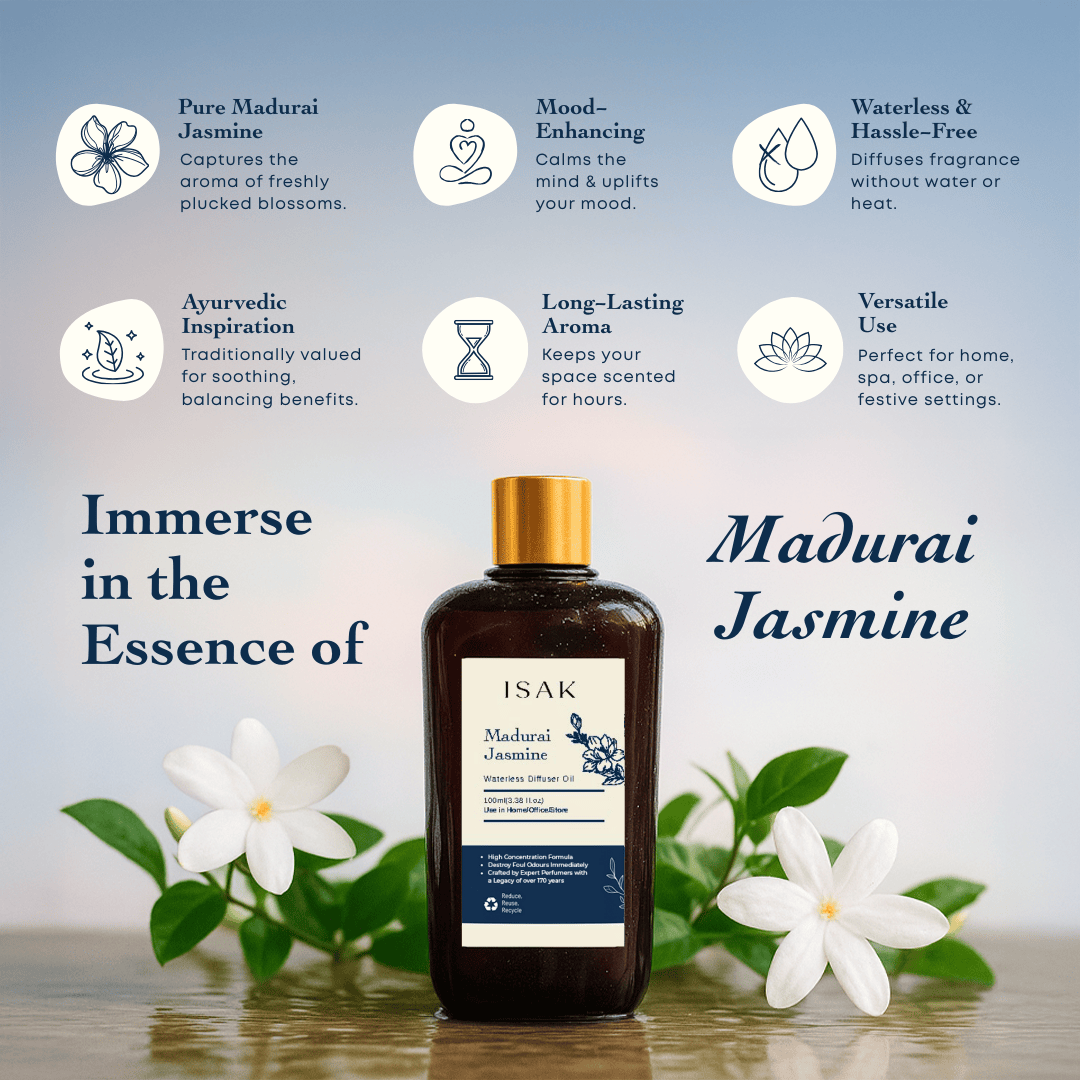 Madurai Jasmine waterless diffuser oil bottle, gold cap, 100ml