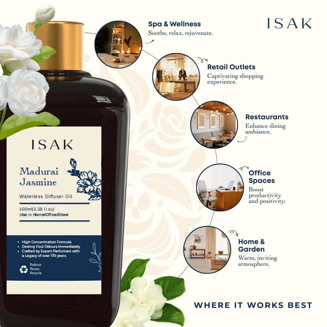 ISAK Madurai Jasmine waterless diffuser oil, 100ml bottle with label and gold cap