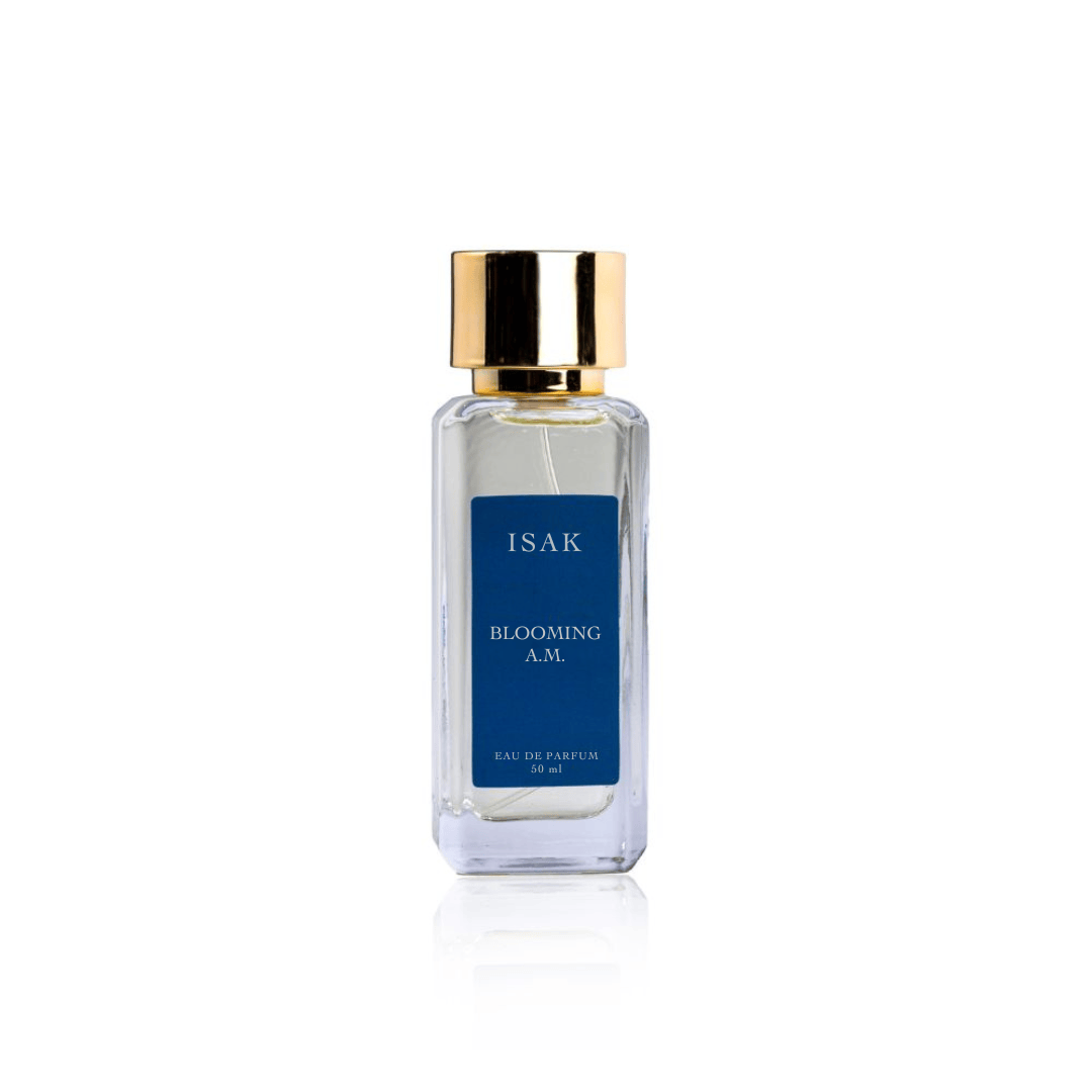 Blooming a.m. Eau de Parfum bottle with gold cap, blue label